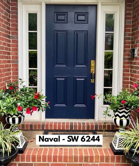 Naval ~ SW 6244 ~ Sherwin Williams ~ blue front door Blue Front Door And Shutters, Navy Blue Front Door, Brick House Front Door Colors, Navy Front Door, Sherwin Williams Blue, Exterior Door Colors, Blue Front Door, Front Door Paint Colors, Door Colors