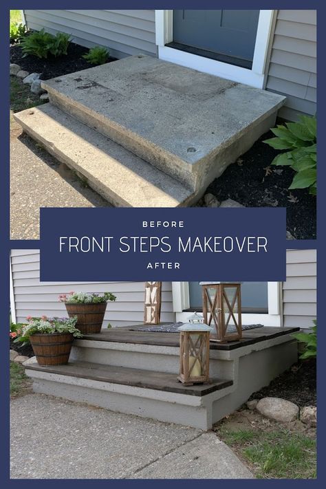 Front Step Makeover, Front Steps Makeover, Steps Makeover, Step Makeover, Concrete Front Steps, Cement Steps, Concrete Front Porch, Outside Steps, Painted Concrete Steps