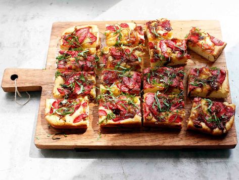 Strawberry Focaccia with Maple-Balsamic Onions Recipe | Saveur Focaccia Recipes, Flavored Bread, Grilled Strawberries, Strawberry Lemon Cake, Breakfast Tart, Mediterranean Foods, Macerated Strawberries, Balsamic Onions, Strawberry Breakfast