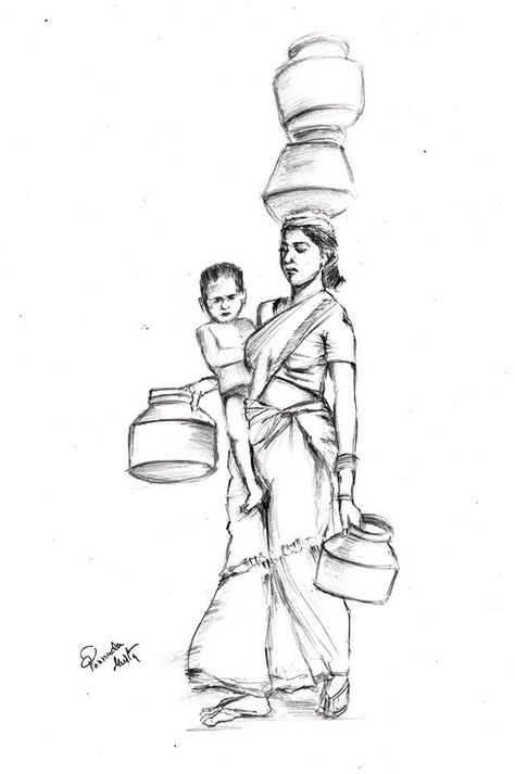 Human Figures Composition, Village Art Drawing, Working Human Figure Drawing, Indian Human Figure Sketches With Clothes, Village Life Drawing Easy, Indian Human Figure Sketches, Human Figure Composition Painting, Human Figure Sketches Pose Reference, Human Figure Sketches With Clothes