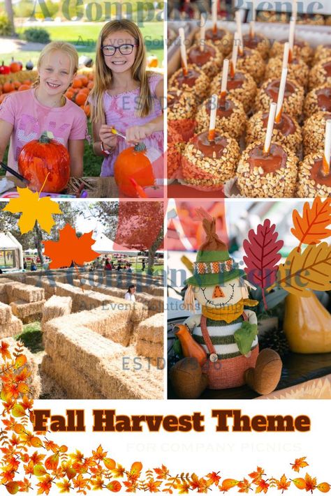 Fall is approaching and what better way to ring it in than a Fall Harvest staff and family day? If you're looking to see more of our Fall Harvest theme, click the link to see our catalouge entry for it. Picnic Theme Ideas, Company Picnic Ideas, Themed Picnic, Harvest Theme, Harvest Day, Picnic Theme, Family Fun Day, Company Picnic, Picnic Ideas