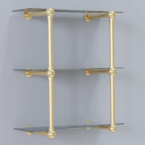 Brass Bistro Shelves, Diy French Bistro Shelves, Diy Bistro Shelves, Glass Kitchen Shelves, Brass Bar Shelves, Bistro Shelf, Bistro Shelves, French Bistro Kitchen, Wall Mounted Kitchen Shelves