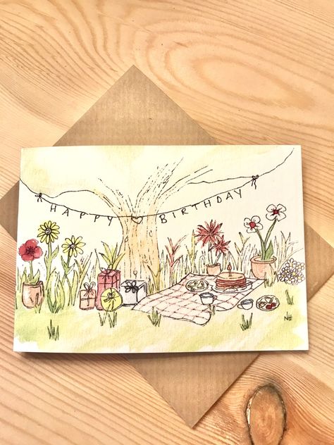 Post Card Painting Ideas, Picnic Cards Ideas, Gift Card Painting Ideas, Detailed Birthday Card, Painting Present Ideas, Friend Birthday Card Handmade, Birthday Card Acrylic Painting, Birthday Cards Drawing Ideas, Happy Birthday Cards Watercolor