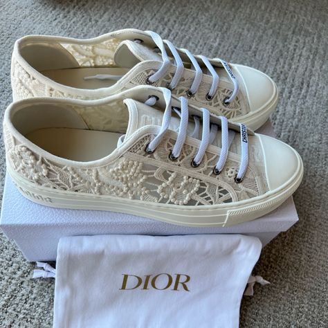 Walk’n’dior Sneaker White Macram Embroidered Cotton. Size 42. Reference Number: Kck353mcm_s03w Brand New Box Included Dior Sneakers Outfit, Dior Star, Dior Sneakers, Dior Shoes, Sneakers Grey, Sneakers Outfit, Eras Tour, Pink Leather, Slip On Sneakers