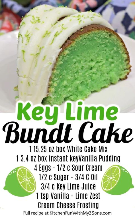 Key Lime Bundt Cake is delicious! This recipe made with a box of cake mix and a package of instant pudding. It's a mixture of tangy citrus and soft, sweet cake. Key Lime Cake From Box Cake, Lime Recipes Healthy, Key Lime Layer Cake, Lime Bundt Cake Recipe, Lime Bundt Cake, Key Lime Bundt Cake, Lime Cake Recipe, Key Lime Pound Cake, Lime Pound Cake