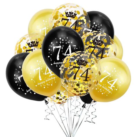 PRICES MAY VARY. Package:5 pieces 12 inch black latex balloon printed with the words "74 Happy Birthday"+ 5 pieces 12 inch gold latex balloon printed with the words"74 Happy Birthday"+5 piece 12 inch gold confetti balloons printed with the words"74 Happy Birthday". they are very suitable for women men 74th birthday party decorations. Our latex balloons are made from durable latex material,Strong and long lasting, and you won’t have to worry about them tearing or bursting when inflated. 74th birt Balloons Black And Gold, Birthday Balloons Black, 75th Birthday Party Decorations, 55th Birthday Decorations, 75th Birthday Decorations, 40th Birthday Balloons, Anniversary Theme, 78 Birthday, 52 Birthday