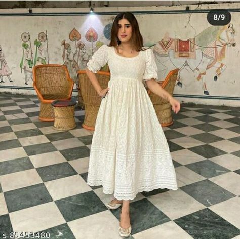 Chikankari Frock, Elegant Skirt Outfits, Pakistani Traditional, Simple Frock Design, Attractive Dresses, Cotton Gowns, Simple Kurti Designs, Stylish Short Dresses, Designer Evening Dresses