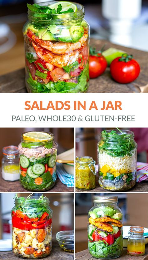 5 Mason Jar Salad Recipes - Gluten-free, Paleo, Whole30, Low-card. Includes spicy chicken salad, Mexican shrimp avocado and tomato salsa, canned salmon and cucumber with creamy dressing, roasted vegetables and almonds, and sardines with celeriac and avocado dressing. Nutritional breakdown for each salad is provided. #masonjars #masonjarsalads #salads #salad #saladrecipes #lunchsalads #officelunch #lunch Spicy Chicken Salad, Whole 30 Salads, Salmon And Cucumber, Salad Mexican, Salads In A Jar, Jar Salad Recipes, Salad Recipes Gluten Free, Avocado And Tomato, Shrimp And Avocado