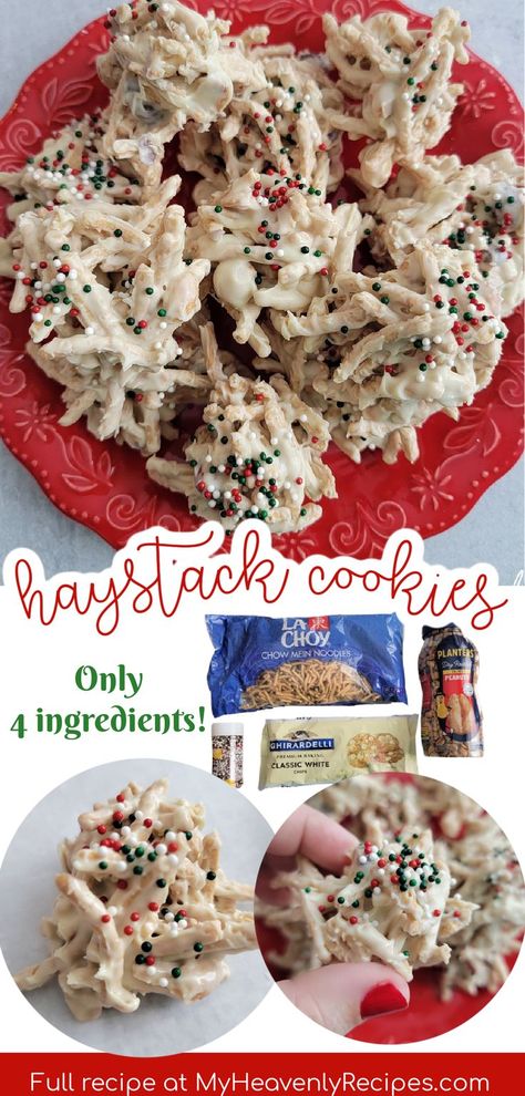 Butterscotch Haystacks Chow Mein, Hay Stacks Recipe Haystack Cookies, Christmas Snacks Aesthetic, Holiday Haystacks, Haystack Cookies No Bake, White Chocolate Haystacks, Christmas Haystacks, Chocolate Haystack Cookies, Peanut Butter Haystacks Recipe