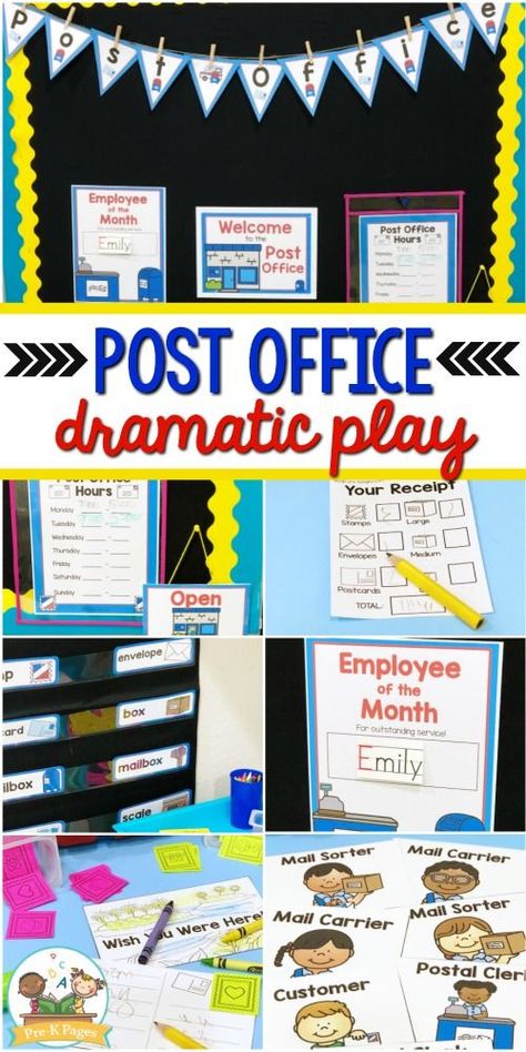 Post Office Dramatic Play Post office theme dramatic play center for your preschool, pre-k, or kindergarten classroom. Printable props to help you easily transform your kitchen or home living dramatic play center into a post office by adding a few simple play props! Dramatic Play Centers Preschool, Post Office Play, Post Office Dramatic Play, Office Dramatic Play, Dramatic Play Themes, Kindergarten Classrooms, Purposeful Play, Community Helpers Theme, Community Helpers Preschool