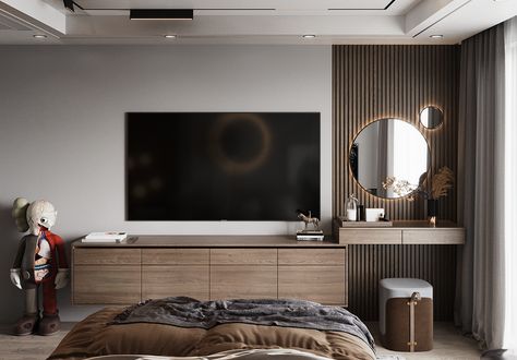 MASTER BEDROOM on Behance Tv Shows Quotes, Tv Bedroom Ideas, Tv In Bedroom Ideas, Bookshelves Tv, Black Tv Console, Model Bedroom, Master Room, Tv In Bedroom, Bedroom Decor Design