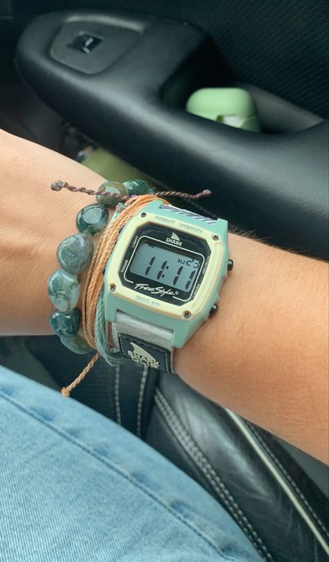 shark clip watch angel numbers bracelet stack inspo moss agate bracelet pura vida Shark Watch Aesthetic, Shark Clip Watch, Shark Watch, Moss Agate Bracelet, Bracelet Stacks, Cute Watches, Shark Clip, Camp Counselor, Sun Bum