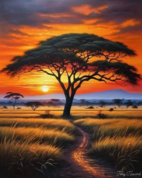 Africa Sunset Painting, African Landscape Photography, Nagomi Art, Tree Photoshop, Custom Tattoos, Africa Photography, African Paintings, Pin Pics, Amazing Sunsets