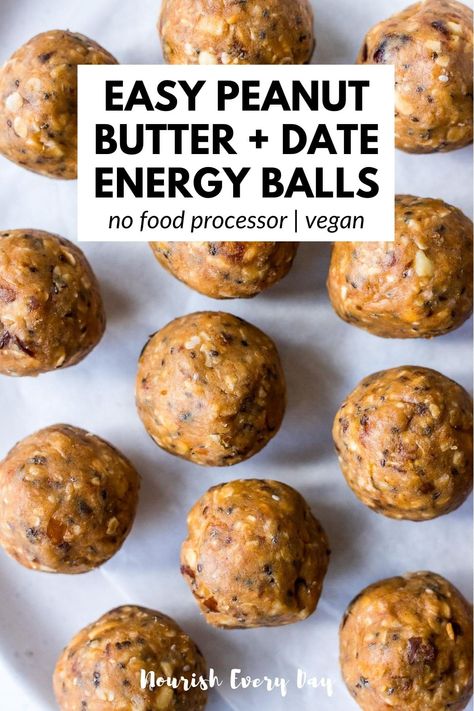 Creamy peanut butter date energy balls with no food processor required! Just mix the ingredients together in a bowl. A deliciously healthy sweet snack. Healthy Energy Balls, Date Energy Balls, Peanut Butter Energy Balls, Energy Balls Healthy, Crunchy Peanut Butter, Healthy Protein Snacks, Energy Ball Recipe, Date Recipes, Healthy Food Facts