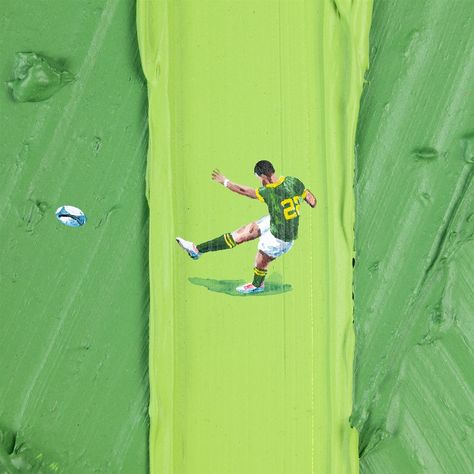 Normally I have a pretty good idea of what I want to paint on my artworks but this time I was clueless. I created the background using two different shades of green in two different styles; the first being very dynamic and full of random strokes and the second green was simply straight. It looked like a football field but I wasn’t 100% set on painting more football players so I went for something closer to home: rugby. I wanted to paint one player from the three nations in which rugby is b... Football Painting Ideas, Rugby Painting, Football Artwork, Different Shades Of Green, Textured Canvas, Textured Canvas Art, Football Field, A Football, Clueless