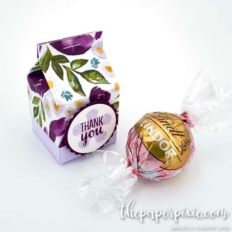 Today’s project is a different version of the mini lidded milk carton I shared last week! It fits a Lindor Truffle perfectly! I love this version with the Best Dressed Designer Series Paper paired with Purple Posy cardstock! The Paper Pixie, Paper Pixie, Lindt Truffles, Sweet Boxes, Chocolate Pops, Mini Treats, Lindt Chocolate, Treat Holders, Perfume Packaging