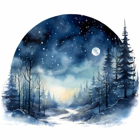 Winter Scenes To Paint, Watercolor Christmas Art, Winter Scene Paintings, Landscape Clipart, Barn Pictures, Winter Landscapes, Digital Printable Art, Winter Landscape Painting, Winter Clipart