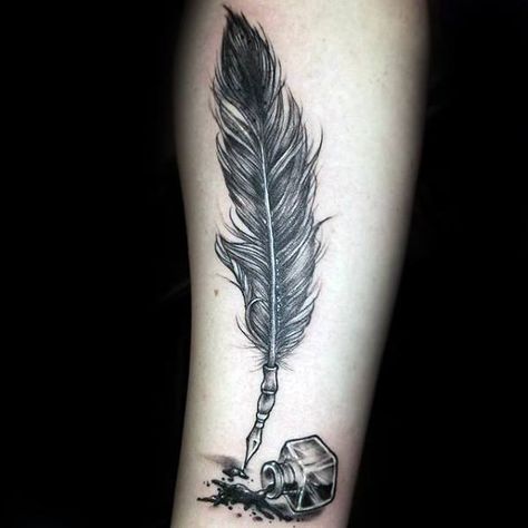 Mens Quill With Spilled Ink Forearm Tattoo Ideas Quill Pen Tattoo, Feather Pen Tattoo, Pen Ink Tattoo, Tattoo Plume, Writer Tattoo, Quill Tattoo, Feather Quill Pen, Quill And Ink, Feather Tattoo Design