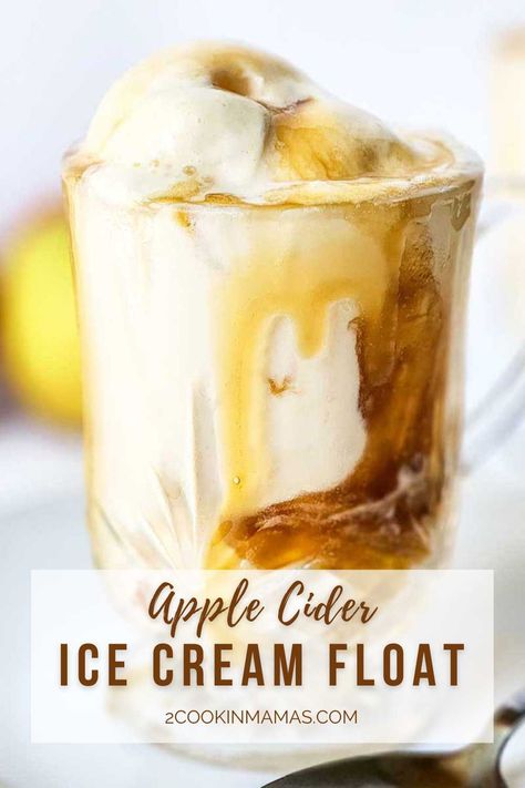 This delicious apple cider ice cream float brings the tart sweetness of apple cider together with the creamy richness of vanilla ice cream and the effervescence of ginger ale. Finish with a swirl of caramel for the perfect beverage for crisp autumn days and cozy nights in. Apple Cider Ice Cream Float, Apple Cider Float Recipe, Cider Ice Cream, Apple Cider Floats, Apple Cider Punch, Boozy Ice Cream, Ice Cream Float, Caramel Apples Recipe, Float Recipes