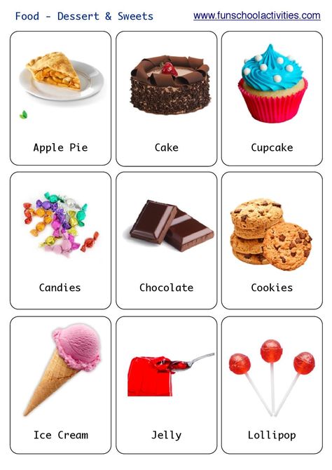 English Snacks, English Sweets, Food Flashcards, Dessert Names, English Flashcards, Apple Pie Cake, School Material, Spanish Lessons For Kids, Food Vocabulary