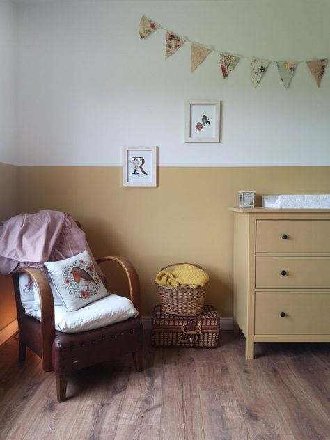 Two tone yellow mustard bedroom on farrow and ball sudbury yellowpainted ikea wardrobea buntinga canopy Bedroom Ideas Mustard Yellow, Mustard Yellow Nursery Gender Neutral, Nursery Farrow And Ball, Nursery Mustard Yellow, Mustard Yellow Playroom, Farrow And Ball Sudbury Yellow, Two Tone Nursery Walls, Mustard Playroom, Kids Yellow Bedroom