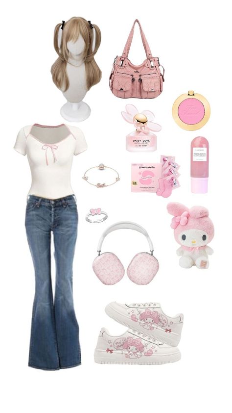 outfit ideas Cute Hello Kitty Outfits, My Melody Outfit Ideas, Hello Kitty Outfit Ideas, Melody Outfit, My Melody Outfit, Twin Day, Hello Kitty Clothes, Boo Basket, We Fall In Love