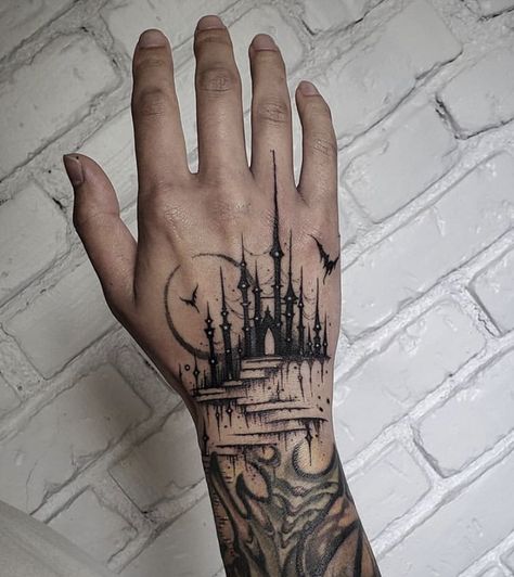 Dark Castle Tattoo, Castle Tattoos, Souls Tattoo, Dark Disney Tattoo, Castle Tattoo, Mushroom Tattoos, Dark Castle, Spooky Tattoos, Gothic Tattoo