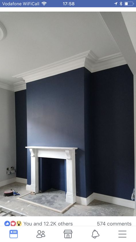 Navy Panelled Living Room, Navy Living Room Panelling, Dark Blue Wall Panelling, Dark Blue Living Room Panelling, Navy Blue Alcove Living Room, Navy Walls Living Room, Blue Feature Wall Bedroom, Dark Blue Feature Wall, Navy House