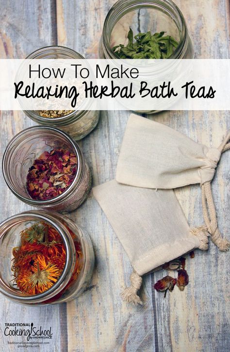 How To Make Relaxing Herbal Bath Teas | Herbal bath tea is incredibly easy to make AND can be made in endless variations to suit many different purposes. Not to mention, they make unique gifts! When herbs are added to a warm bath, the soothing or healing benefits of the herbs are absorbed through the skin. | TraditionalCookingSchool.com Bath Tea Recipe, Bath Teas, Bath Tea Bags, Herbal Bath Tea, Tub Tea, Savon Diy, Săpunuri Handmade, Bath Recipes, Bath Tea