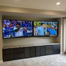 Basement Multiple Tv Wall, 2 Tv Setup Room Ideas, Multiple Tv Wall, Multiple Tv Wall Ideas Man Cave, Two Tvs In One Room Ideas, Multiple Tv Wall Ideas, Garage Tv, Basement Tv Rooms, Dream Man Cave