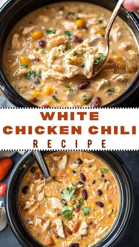 Warm up with this tasty White Chicken Chili! This easy recipe combines tender chicken, creamy white beans, and zesty spices for a flavorful and satisfying meal. Perfect for cozy nights or family gatherings. Enjoy it with toppings like cheese and cilantro! Creamy White Chicken Chili Tastes Better From Scratch, White Bean Chili Chicken Crockpot, White Chilli Chicken Recipe Instapot, Rotisserie Chicken Chili Real Simple, White Chicken Chili With Beans, White Chicken Chili With Black Beans, Stove Top Chicken Chili, Award Winning Chicken Chili, Rotisserie Chicken White Chili