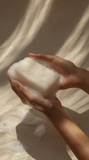 ↑↑↑ Larger size on website 🔸 A pair of hands holds a bar of soap in a bath of foamy water. The soap is rectangular and white, sur Soap Lifestyle Photography, Soap Bar Aesthetic, Beauty Skin Care Photography, Body Skin Photography, Bar Soap Aesthetic, Soap Aesthetic, Wellness Aesthetic, Bath Photography, Minimal Background