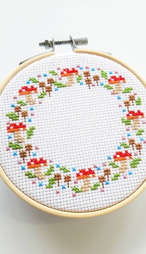 Mushroom cross stitch pattern - fairy circle mushroom - toad stool cross stitch - diy adult craft -spring hoop - simple cross stitch -pdf Pixel Art Mushroom, Mushroom Cross Stitch Pattern, Mushroom Cross Stitch, Toad Stool, Fun Posters, Fairy Circle, Pola Kotak, 1 Pixel, Stitch Stuff