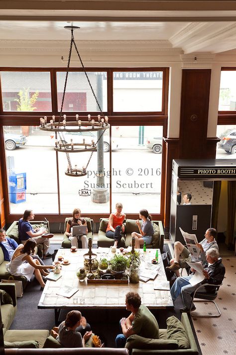 The lobby at The Ace Hotel in downtown Portland, a hip budget boutique hotel. Ace Hotel Portland, Portland Restaurants, Bakery Interior, Small Cafe Design, Coffee Shop Bar, Hotel Entrance, Hotel Lounge, Downtown Portland, Best Boutique Hotels