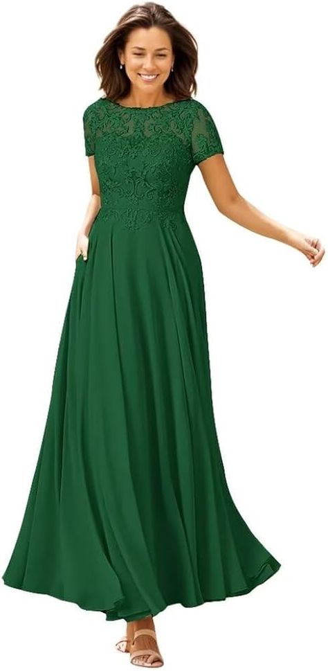 Amazon.com: Lace Applique Mother of The Bride Dresses Long Chiffon Short Sleeve Floor Length A-line Formal Mother of The Groom Dress Stormy Blue US8 : Clothing, Shoes & Jewelry Mother Of The Groom Dress, Green Formal Dresses, Mother Of The Bride Dresses Long, Groom Dresses, Dresses For Wedding, Dresses Chiffon, Long Evening Gowns, Wedding Lace, Mothers Dresses