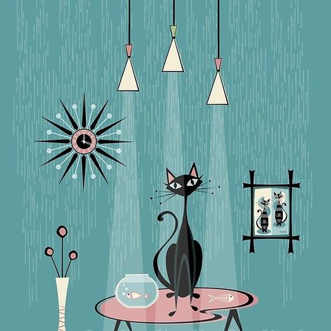 atomic cat art Mid Century Cat, Mid Century Illustration, Black Cat Art, Retro Cats, Mid Century Modern Decor, Mid Century Art, Mid Century Modern Art, Vintage Cat, Pics Art