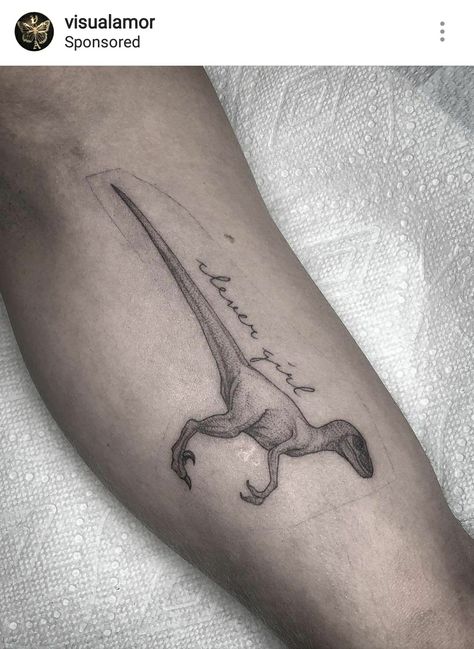 Raptor tattoo Blue Velociraptor Tattoo, Simple Velociraptor Tattoo, Jurassic Tattoo Ideas, Raptor Tattoo Design, Blue Raptor Tattoo, Raptor Dinosaur Tattoo, Raptor Tattoo, Velociraptor Tattoo, Side Finger Tattoos