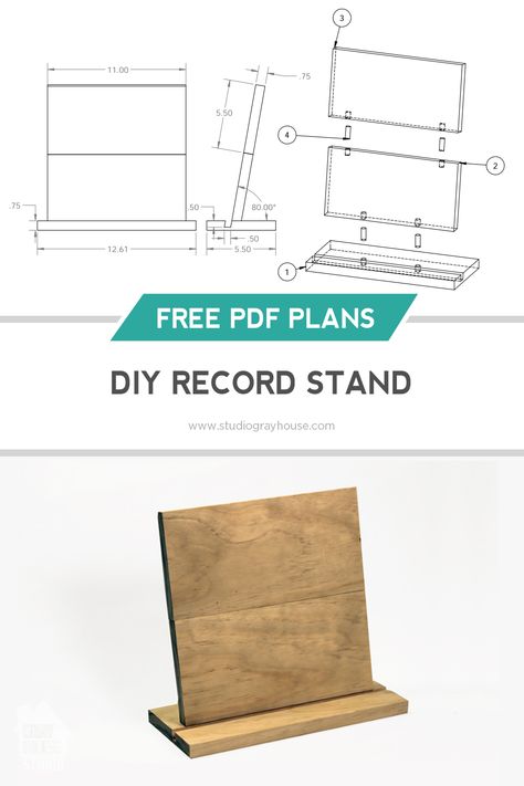 Make your own DIY record stands to display your favorite albums using these free plans. Vinyl Record Stand Diy, Diy Record Player Stand Ideas, Diy Now Playing Record Stand, Diy Vinyl Display, Wooden Record Holder, Diy Record Holder, Record Shelf Diy, Diy Record, Record Player Table