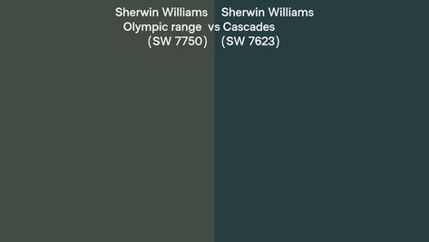 Sherwin Williams Olympic range (SW 7750) vs Cascades (SW 7623) side by side Behr Alpine Trail, Sherwin Williams Olympic Range, Sherwin Williams Jasper, Paint Color Chart, Behr Paint, Paint Colors Benjamin Moore, Benjamin Moore Paint, Studio Green, Farrow And Ball