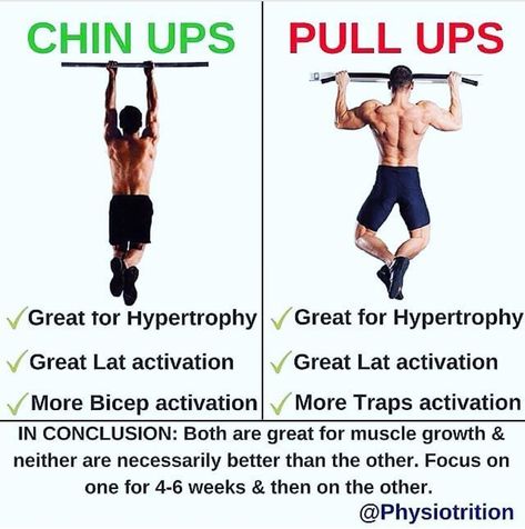 CHIN UPS VS PULL UPS by @physiotrition.Chin ups & pull ups are great for putting mass on your back. Both have been shown to elicit high EMG activity in the Lats, with chin ups having higher rates of biceps activation than pull ups. The lower traps are slightly more active in the pull up over the chin up (Youdas et al. 2010) Chin Ups For Beginners, 12 Week Workout Plan, Pull Up Workout, 12 Week Workout, Lat Pulldown, Lifting Workouts, Weekly Workout Plans, Chin Up, Weekly Workout