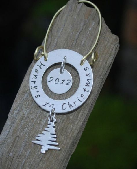 Babys First Christmas Ornament Custom Hand Stamped by Studio463 $54.00 #babynames #polish #baby #names Metal Stamped Christmas Ornaments, Polish Baby Names, Stamping Bracelets, Stamped Ornaments, Jewelry Tricks, Etching Projects, Impress Art, Metal Stamping Diy, Stamp Jewelry