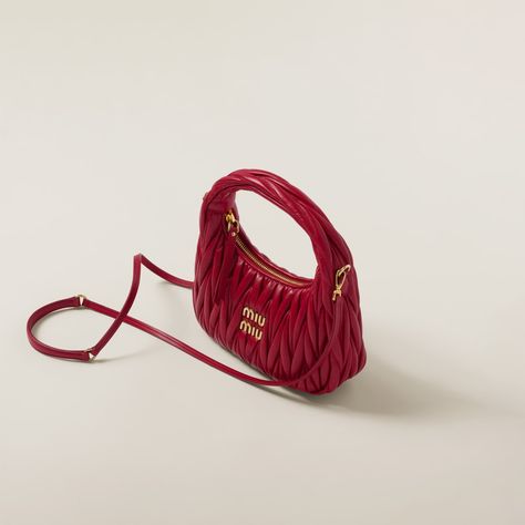 Red Wander Matelassé Nappa Leather Hobo Bag | Miu Miu Miu Miu Red Bag, Miumiu Bags, Miu Miu Wander, Miu Miu Clutch, Mini Hobo Bag, Miu Miu Handbags, Metal Lettering, Miu Miu Bag, Shoulder Strap Bag