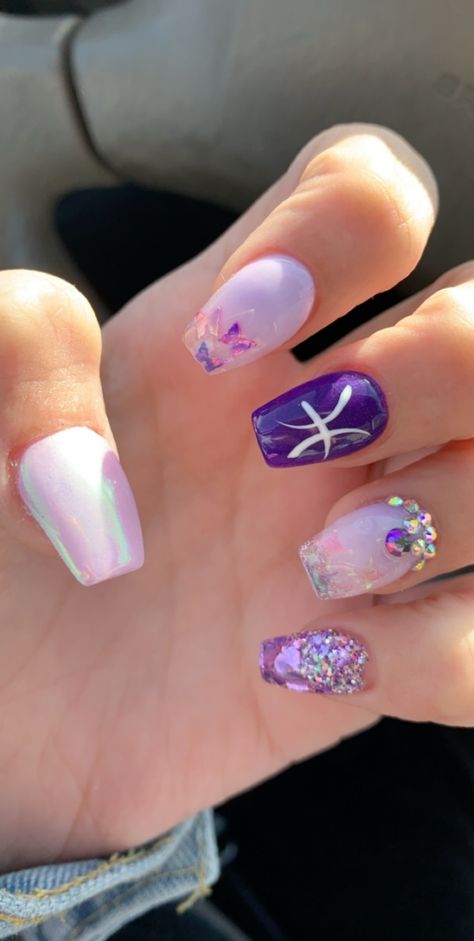 Birthday Nail Art Designs, Pisces Nails Designs, Pisces Nails, Nails Fancy, Sweet 16 Nails, Birthday Nail Art, Pisces Birthday, Sky Nails, Gel Nail Art Designs