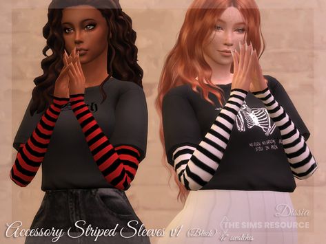 The Sims Resource - Accessory Striped Sleeves v1 (Black) Sims 4 Striped Sweater, Sims 4 Emo Clothes, Ts4 Mods, Spider Shirt, Checked Pants, 4 Characters, Shirt Dress Outfit, Fishnet Top, Sims 4 Characters