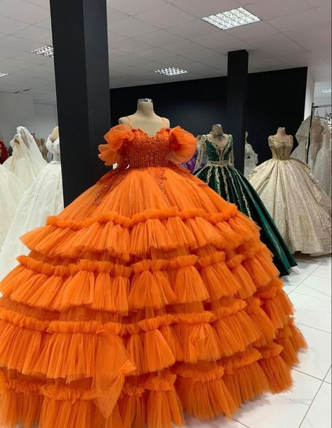 Orange Big Dress, Orange Ballroom Dress, Orange Quince Dresses, Orange Wedding Dresses, Orange Sweet 16, Orange Princess Dress, Baby Girl Frocks Princesses, Gown Reference, Quince Doll