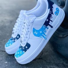 Blue Nike Air Force, Blue Nike Air, Nike Shoes Blue, Nike Shoes Women Fashion, All White Sneakers, Custom Shoes Diy, Air Force 1s, Trendy Shoes Sneakers, Nike Shoes Girls