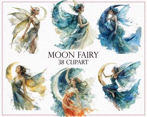 Fairy Elements, Fairy Clipart, Moon Fairy, Fairy Illustration, Scrapbooking Cards, Watercolor Images, Creative Projects, Transparent Png, Watercolor Art