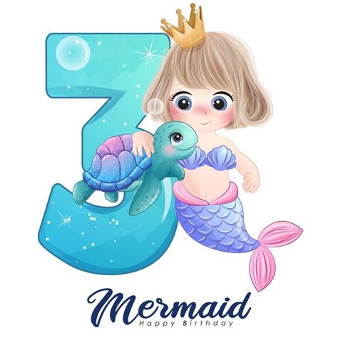 Cute doodle mermaid card with number for... | Premium Vector #Freepik #vector #watercolor #birthday #happy-birthday #baby Doodle Mermaid, Mermaid Happy Birthday, Mermaid Card, Doodles Bonitos, Friends Clipart, Mermaid Cake Topper, Mermaid Wallpapers, Cute Doodle, Mermaid Theme Birthday