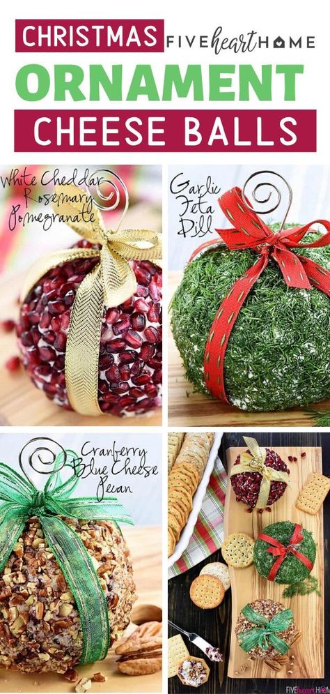 An easy Christmas appetizer idea for entertaining or gifting! These Christmas Ornament Cheese Balls are a fun, festive addition to your holiday party menu in three mouthwatering flavors — Cranberry, Blue Cheese, & Pecan; Garlic, Feta, & Dill; and White Cheddar, Rosemary, & Pomegranate! Pomegranate Christmas Cheese Ball, Ornament Cheese Ball, Christmas Ornament Cheese Ball, Cheese Balls For Christmas, Holiday Cheese Balls Christmas, Dill Cheese Ball, Christmas Cheese Balls Ideas, Ornament Exchange Party Ideas, Christmas Cheese Balls