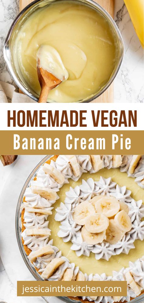 Homemade Vegan Banana Cream Pie is a delicious dessert that you will enjoy. Homemade banana cream pie that is made with no dairy products will blow you away that it's vegan. This is a simple recipe that is quick to make . While this banana cream pie recipe is easy, keep in mind that it does need to chill for at least 3 hours before serving. It's best served chilled with some whipped topping and fresh cut bananas on top! Enjoy this creamy classic, but vegan style! Vegan Meringue Pie, Banana Vegan Dessert, Vegan Banana Pie, Vegan Banana Pudding Recipe, Banana Cream Pie Recipe From Scratch, Dairy Free Banana Cream Pie, Gluten Free Banana Cream Pie, Vegan Banana Recipes, Healthy Banana Cream Pie